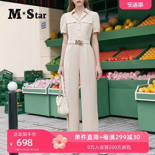 M-Star明星系列夏季短袖连衣裤女泡泡袖收腰宽松阔腿连身裤