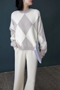 特 美式中性风 羊绒+羊毛菱格拼接撞色宽松圆领套头针织衫女