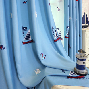 定制地中海蓝色帆船卡通，窗帘棉麻刺绣花纱成品，加厚遮光布料儿童房
