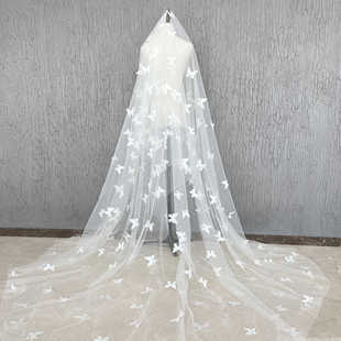 新娘白色钉珠蝴蝶结头纱主婚纱重工奢华超长大款拖尾软纱鱼尾婚纱