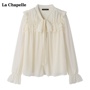 拉夏贝尔lachapelle法式飘带雪纺衬衫，女洋气宽松蝴蝶结长袖衬衣