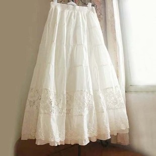 2024春夏季韩版森女森林，系棉布蕾丝刺绣，镂空荷叶边白色半身裙长裙
