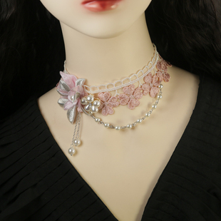 原创手工复古颈链花朵公主奢华珍珠流苏气质流行蕾丝锁骨项链