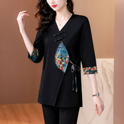 katterllg新中式国风盘扣，复古黑色衬衫女装夏季独特设计感百
