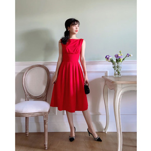 vintage赫本风一字领高腰，蓬蓬裙复古小红裙，红色连衣裙礼服裙夏