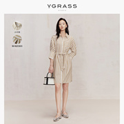 VGRASS极简风条纹设计连衣裙秋季气质通勤衬衫裙