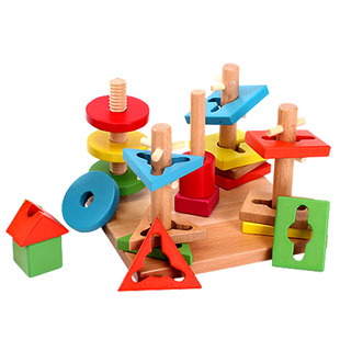 多彩智慧拼盘五柱套柱合形状配对益智积木制玩具儿童玩具