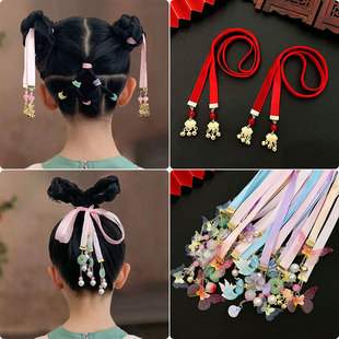儿童汉服头饰中国风，铃铛飘带古装发饰女童编发头绳，古风绑发发带