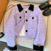 法式紫色小香风外套，女2024春季名媛高级粗花呢，翻领气质短上衣