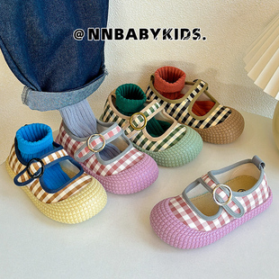 韩版儿童浅口帆布鞋春夏，男女童格子布鞋软底，幼儿园宝宝室内鞋