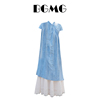 新中式国风蓝色连衣裙，女2024夏季白色，高腰蕾丝蛋糕裙子两件套
