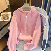 粉红色抽绳连帽长袖外套女2023秋季宽松休闲减龄拉链开衫卫衣