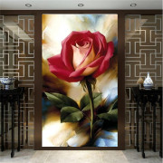 定制18D立体大气红色玫瑰花玄关壁画入户墙招财过道油画花卉壁纸