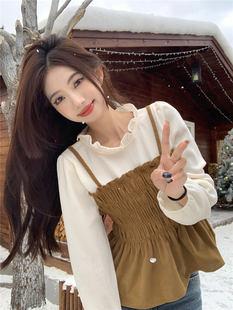 韩版气质灯芯绒假两件衬衫女冬季修身显瘦长袖上衣