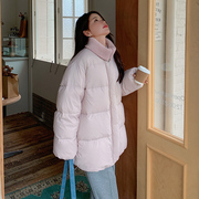 粉色韩系羽绒服冬季女2023学院风宽松加厚中长款90白鸭绒外套