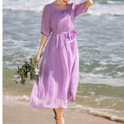 夏季女士连衣裙长裙，系带收腰浅紫色刺绣，高端苎麻中长款文艺复古