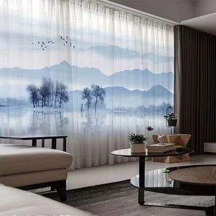 现代新中式水墨山水画风景客厅书房，高档卧室名宿，窗帘禅意纱帘窗纱