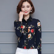 韩版衬衫女长袖雪纺打底衫2020端庄大气百搭黑色碎花上衣春。