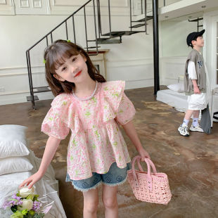 女童衬衫夏装韩版短袖洋气碎花，儿童小女孩秋季泡泡袖半袖上衣