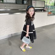 大牌洋气时髦夏装4-12岁女童条纹撞色连衣裙纯棉布短袖裙子