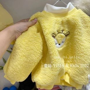 韩版童装冬装男童女童黄色，羊羔毛卫衣(毛卫衣，)外套儿童加绒加厚保暖上衣