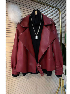 胖mm春季时尚红色西装领短款皮衣，韩版大码女显瘦pu皮夹克外套