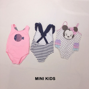 原单出口儿童婴儿6个月-3岁泳衣连体粉色小鱼蓝色条纹迪士尼米妮