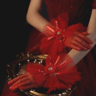 新娘红色花朵短款婚纱礼服手套影楼拍照配饰礼仪森系款手套