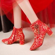 冬季婚鞋女2020粗跟加绒红色高跟，短靴结婚鞋子，孕妇新娘鞋婚靴
