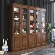 实木橡木书柜带玻璃门三门简约中式书架储物现代书橱办公室文