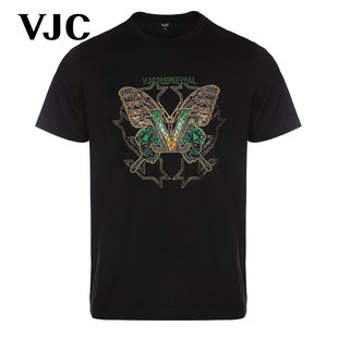 VJC/威杰思2024年男装黑色圆领短袖T恤蝴蝶烫钻印花休闲上衣