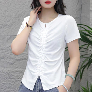 韩版双拉链设计感褶皱短袖T恤女装2024夏季显瘦开叉小衫潮款t