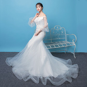 一字肩长袖婚纱 拖尾棉质新娘礼服 韩版裙套装礼服女