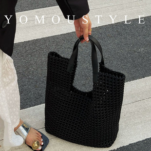 yomou镂空暗黑手工编织尼龙布，大容量托特子母购物袋腋下手提大包