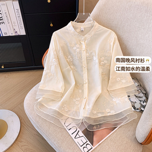 新中式国风刺绣拼接欧根纱衬衫，女夏季高级感气质，小衫配马面裙上衣