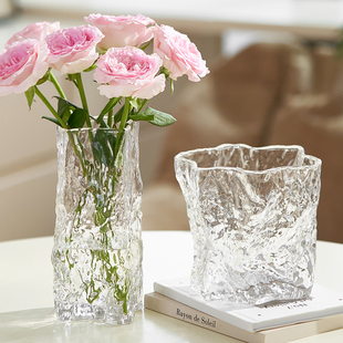 轻奢冰川工艺创意玻璃花瓶，简约风透明插花玫瑰，百合客厅摆件高级感