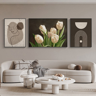 客厅装饰画郁金香花卉壁画现代简约沙发背景墙三联画艺术肌理挂画