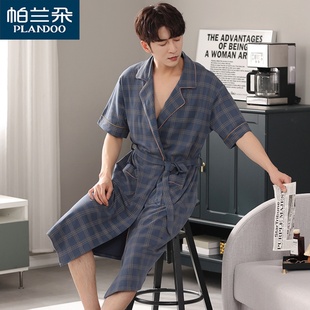 夏季男士浴袍纯棉短袖，日式连体睡袍，和服一体式中长款大码男款睡衣