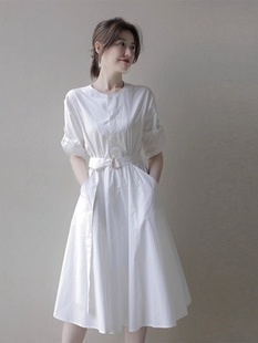 欧洲站2024夏季冷淡风女装高级感气质白色，衬衫连衣裙小众设计