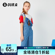 ourq童装女童背带裤夏季薄款中大童韩版宽松七分裤，儿童牛仔阔腿裤