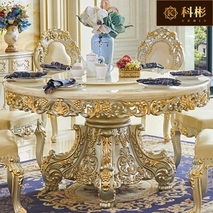 欧式大理石圆桌美式别墅餐厅，带转盘圆桌实木，雕花家用雕花吃饭餐桌