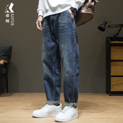 夏季美式牛仔裤男宽松大码休闲锥形裤子潮流，男士复古做旧直筒长裤