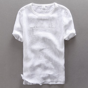 夏季亚麻短袖T恤圆领字母印花男装青年学生个性休闲体恤半袖小衫
