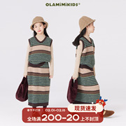 olamimi定制亲子条纹慵懒复古韩系针织v领毛衣马甲+半裙套装