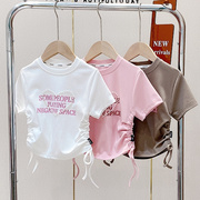 韩版童装2024女童夏季时尚简约字母短款T恤儿童洋气抽绳短袖上衣