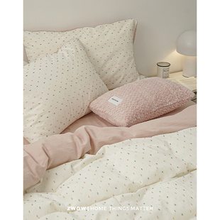 造卧zwow小众肌理波点提花立体彩色线少女，粉色芭比床品床上四件套
