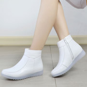 秋冬季女鞋平跟短靴女真皮，白色靴子护士鞋，牛筋底工作鞋加绒棉靴
