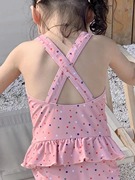 2023女童INS泳衣长袖UPF50防晒粉色波点吊带连体裙边温泉泳装