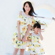 女童连衣裙亲子装y8夏女孩(夏女孩，)柠檬碎花，裙子海边度假显瘦沙滩裙母女装