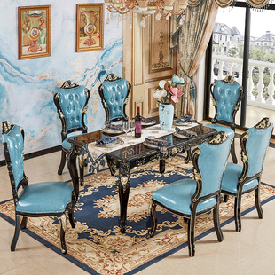 经典美式餐桌欧式实木1.5米大理石雕花餐桌，真皮椅组合餐厅家具